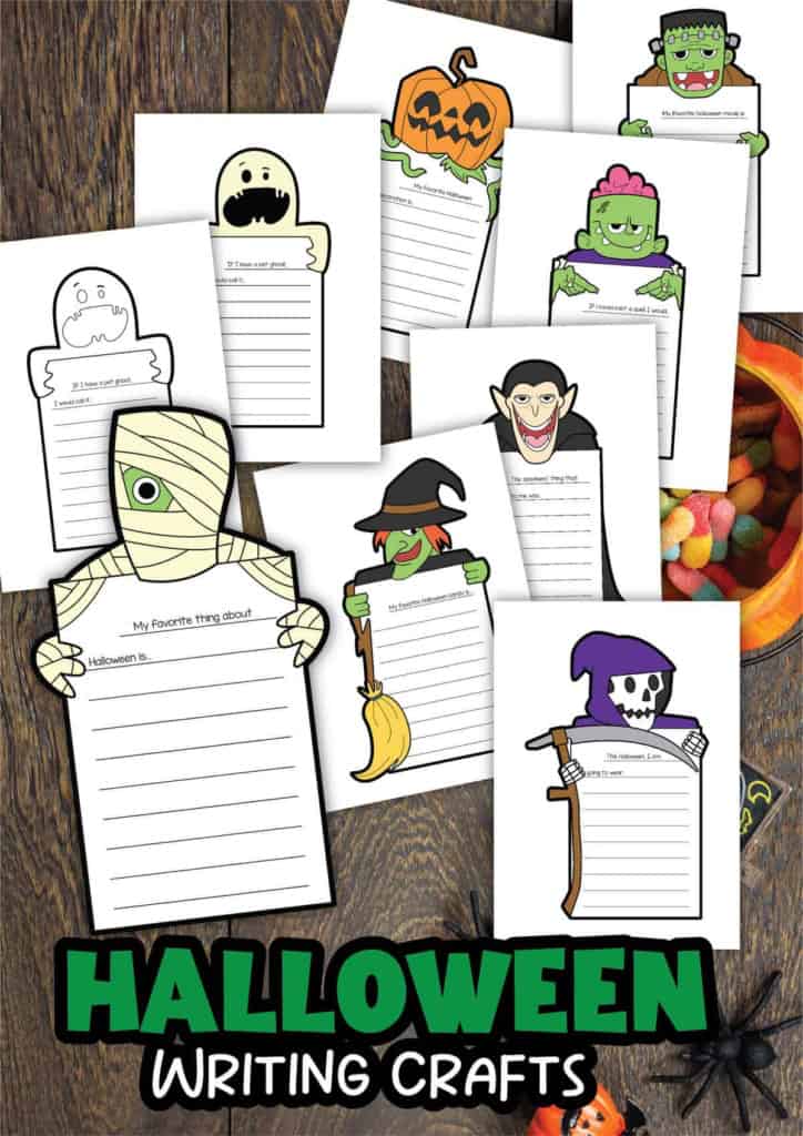 A collection of halloween-themed writing crafts featuring various illustrated characters, such as a mummy, ghost, pumpkin, frankenstein, witch, vampire, and skeleton on lined paper templates with creative writing prompts.