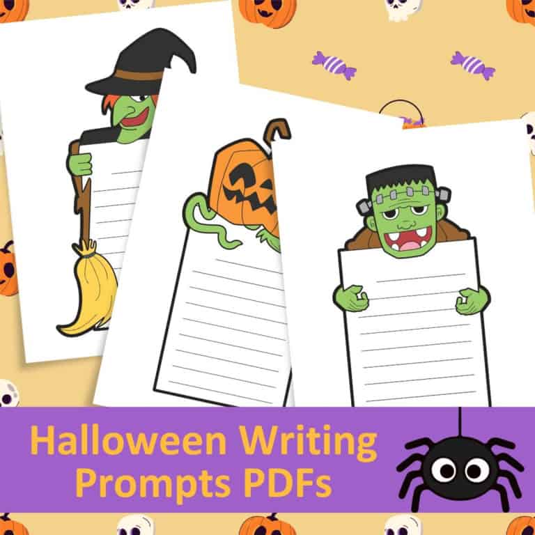 Halloween-themed writing prompts with cute monster and pumpkin characters for kids.