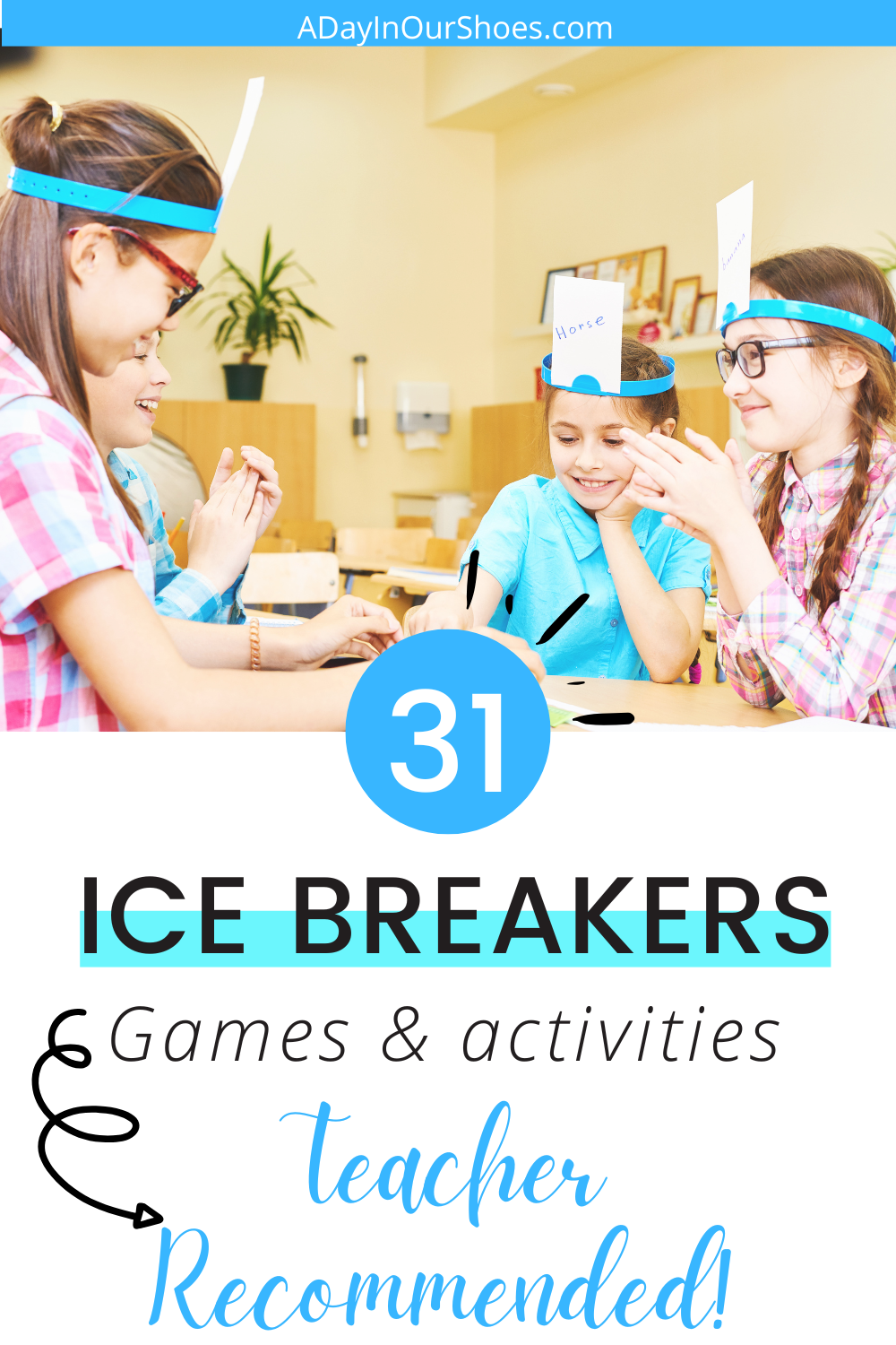 Four children play a headband guessing game in a classroom. Text overlay reads "31 ice breakers: games & activities teacher recommended! "—perfect for fun icebreaker games for teens.