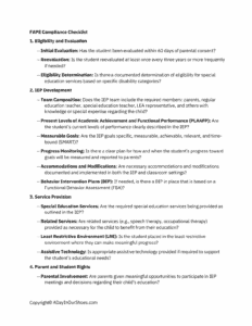 A checklist titled "fape compliance checklist" with sections on eligibility, iep development, related services, and parent and student rights. Available as a free pdf from adayinourshoes. Com.