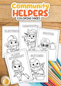 Five community helper coloring pages rest on a wooden table, showcasing an electrician, carpenter, doctor, flight attendant, and butcher. Nearby, colored pencils and a paintbrush await to bring these community helpers to life with vibrant hues.