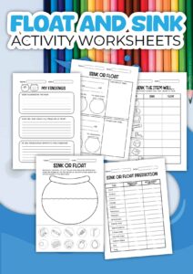 Sink or float worksheets are displayed in front of colorful pencils.