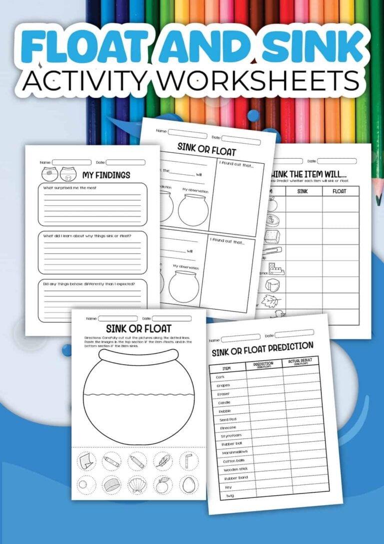Sink or float worksheets are displayed in front of colorful pencils.