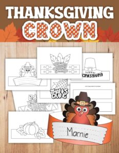 Thanksgiving-themed printable crowns featuring turkeys, thanksgiving hats, pumpkins, and leaves designed for coloring and decoration.