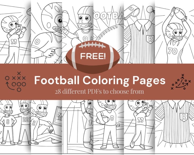 Black and white football-themed coloring pages featuring cartoon characters, complete with a bold "free! Football coloring pages" banner across the center.
