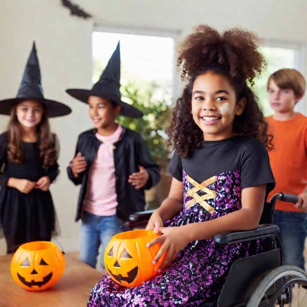 In an inclusive halloween celebration, children in costumes, including a girl in a wheelchair with a pumpkin bucket, are gathered indoors, smiling. Two proudly wear witch hats.