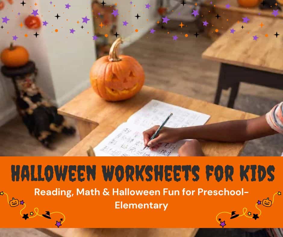 Child doing halloween worksheets with pumpkin and festive decorations nearby.