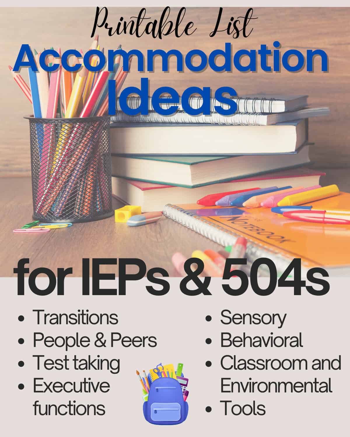 An image lists accommodations for students with ieps and 504s, including transitions, people and peers, test taking, executive functions, sensory needs, behavioral support, classroom and environmental adjustments, and essential tools.