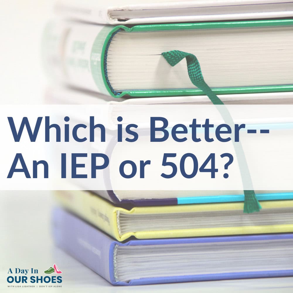 An instagram post features a comparison between a "504 plan" and an "individualized education program (iep)" with a notebook and pens in the image. The caption reads, "which is better? #iep #504plan".