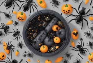 A circular container filled with black and orange pumpkins and candy corn creates the perfect halloween sensory bin idea for kids, surrounded by various black spiders on a gray background.