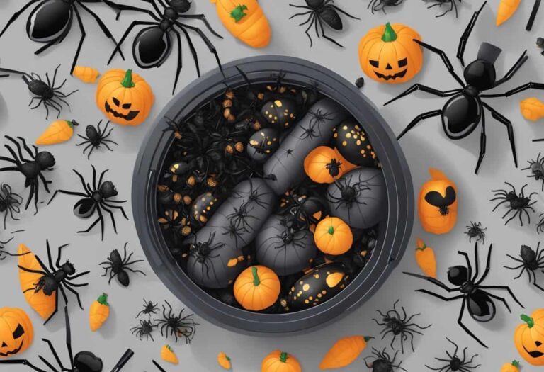 A circular container filled with black and orange pumpkins and candy corn creates the perfect halloween sensory bin idea for kids, surrounded by various black spiders on a gray background.