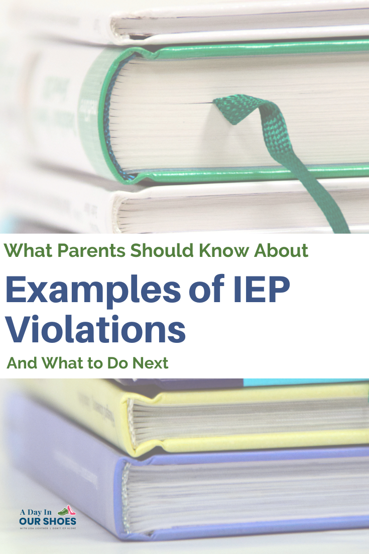 A stack of colorful hardcover books with a green ribbon bookmark; overlaid text reads, "examples of iep violation and what to do next.