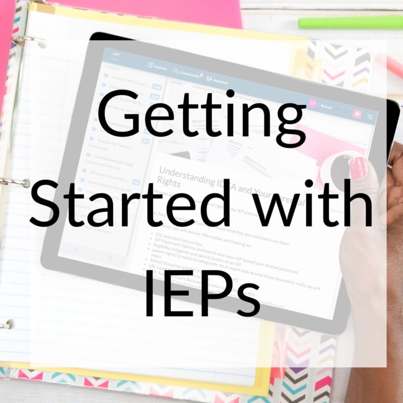Text "start here: getting started with ieps" overlaid on a tablet displaying a document, with a hand holding a pen nearby.
