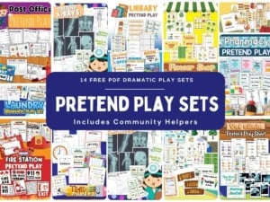 Collection of pretend play sets for kids including post office, library, pharmacy, and fire station.