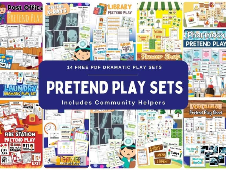 Collection of pretend play sets for kids including post office, library, pharmacy, and fire station.