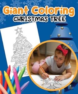 Child coloring a christmas tree drawing with pencils on a blue background. Text reads "giant coloring page christmas tree pdf.