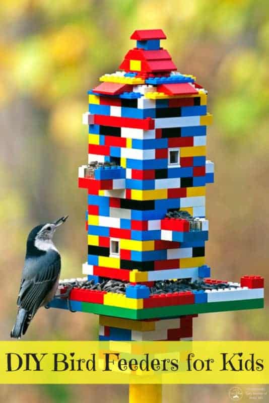 A bird perches on a vibrant bird feeder crafted from stacked toy bricks. At the bottom, text reads "diy bird feeders for kids," inviting families to explore fun projects for kids and create their own bird food recipes.