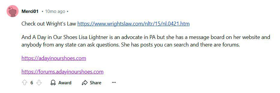 Image of a reddit post featuring links to wright's law and a day in our shoes by lisa lightner, highlighting her advocacy work and forums for asking questions.