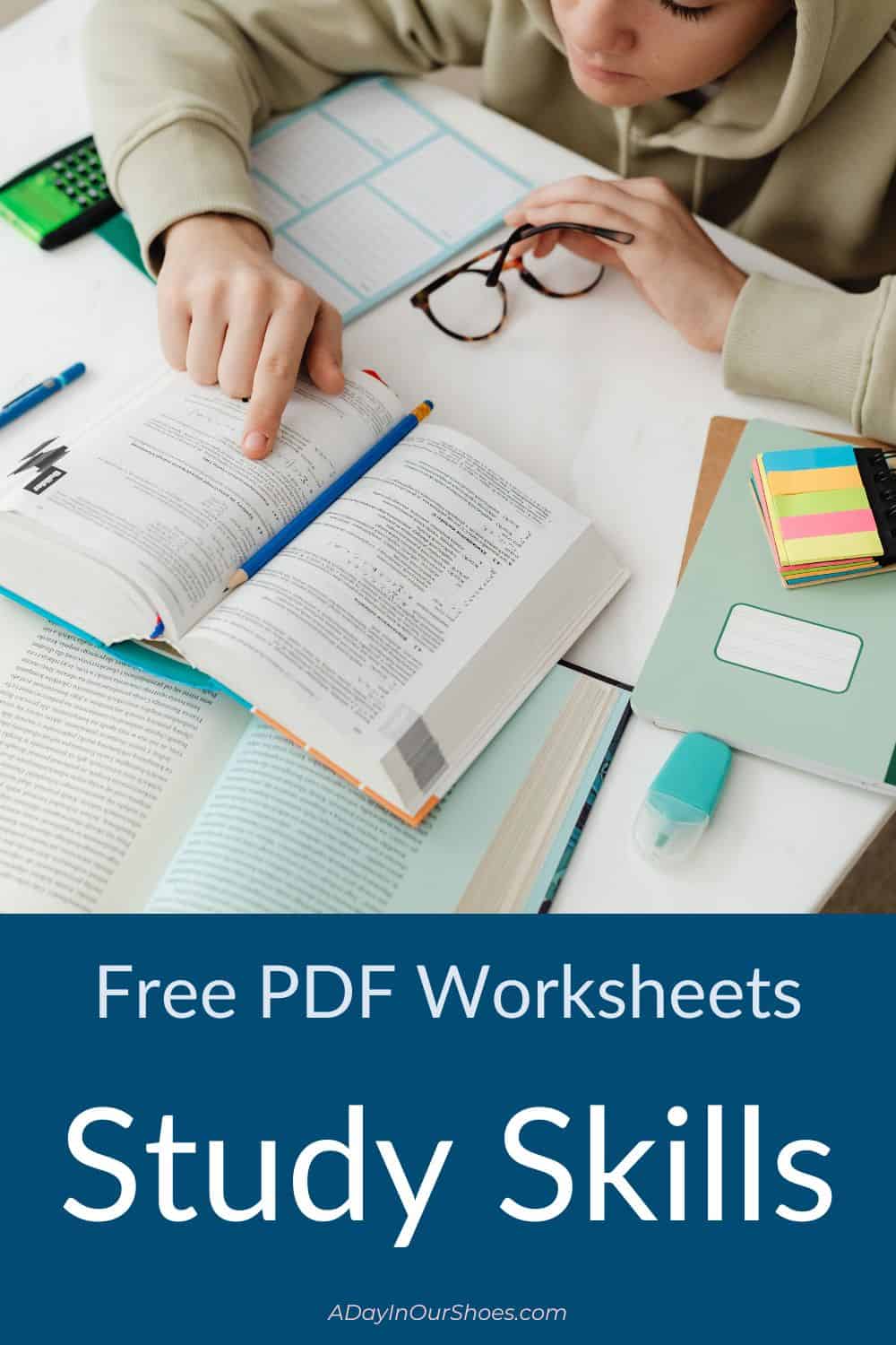 A person reading a book with study materials spread across the table. Text overlay: "free pdf study skills worksheets for 504 and iep students.