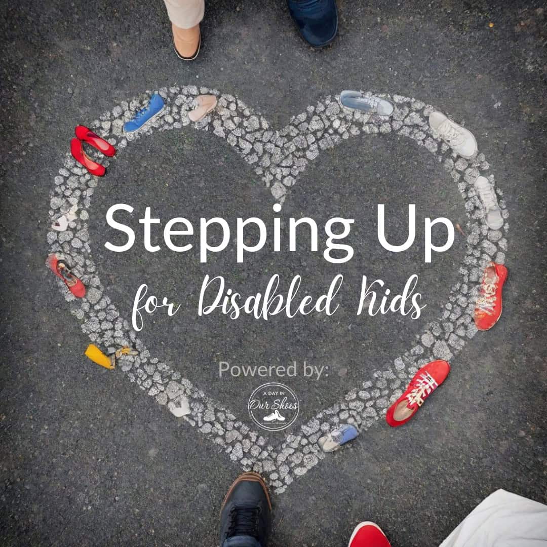 Heart-shaped arrangement of shoes on pavement with the text "stepping up for disabled children. " various colorful shoes outline this heartfelt tribute.