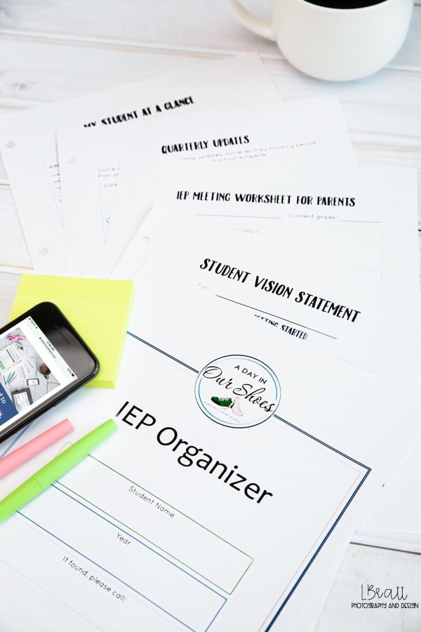 An assortment of iep planning documents and worksheets awaits, including an iep organizer, complemented by a pen, sticky notes, and a coffee cup on the table. Perfect for anyone involved in special education advocacy seeking to streamline their process.