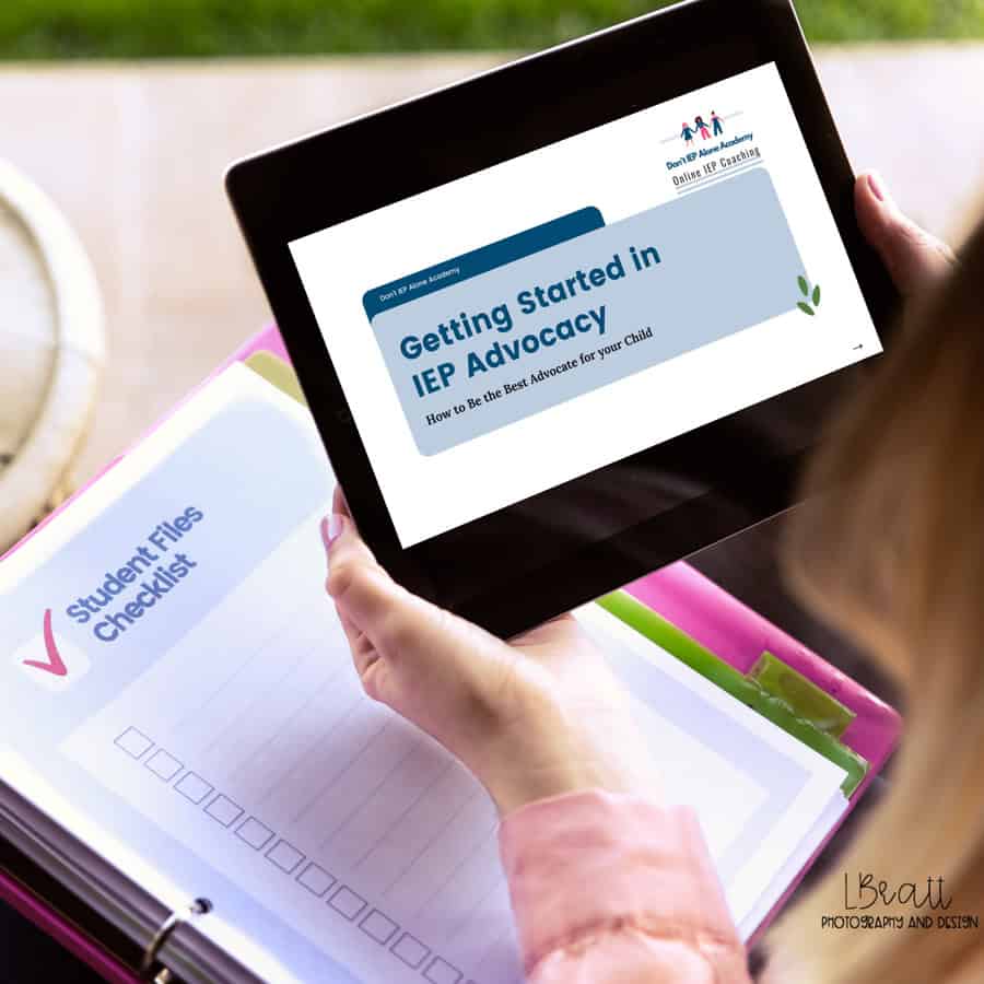 A person views a tablet showing the presentation "getting started in iep advocacy," with a nearby folder labeled "student files checklist," ready to guide any aspiring special education advocate on their journey.