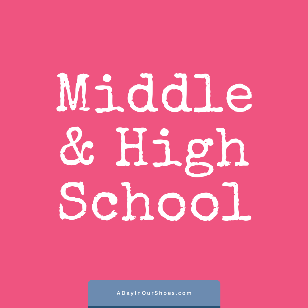Text on a pink background reads: "middle & high school" with a small blue rectangle at the bottom displaying "adayinourshoes. Com", offering resources like iep goals for personalized learning.
