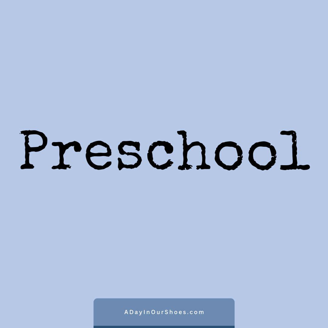 The image displays the word "preschool" in a black typewriter-style font on a light blue background, reminiscent of an iep goals and accommodations bank template. A website url is positioned at the bottom.