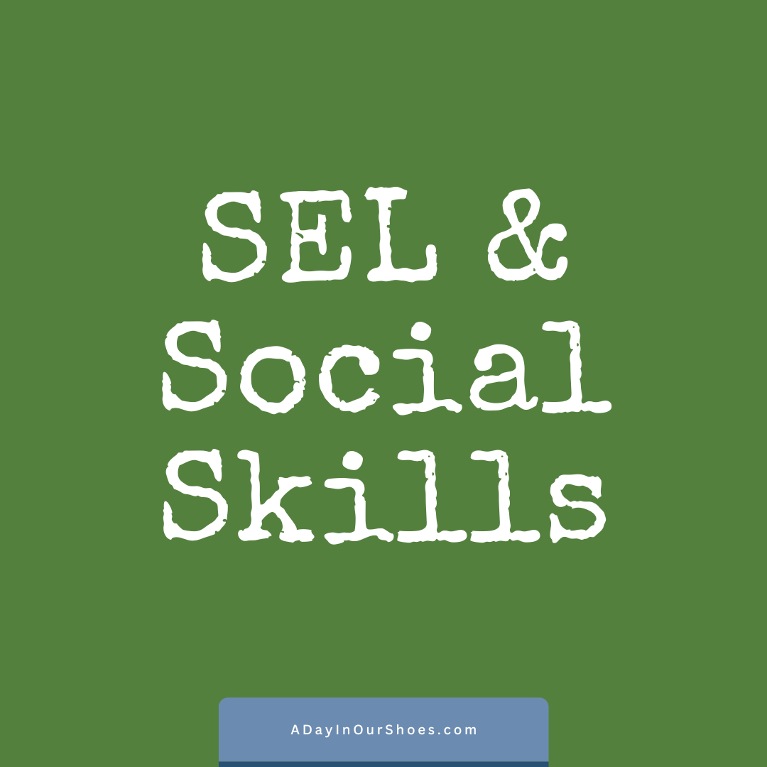 Green background with white text reading "sel & social skills," incorporating resources like the iep goals and accommodations bank to support development. A website link is provided at the bottom for further details.
