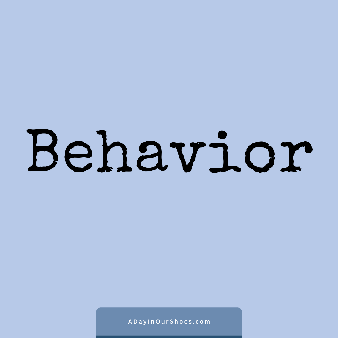 The image features the word "behavior" in typewriter font against a light blue background, with a website link "adayinourshoes. Com" at the bottom. This resource is perfect for exploring iep goals and accommodations bank to better support diverse learning needs.