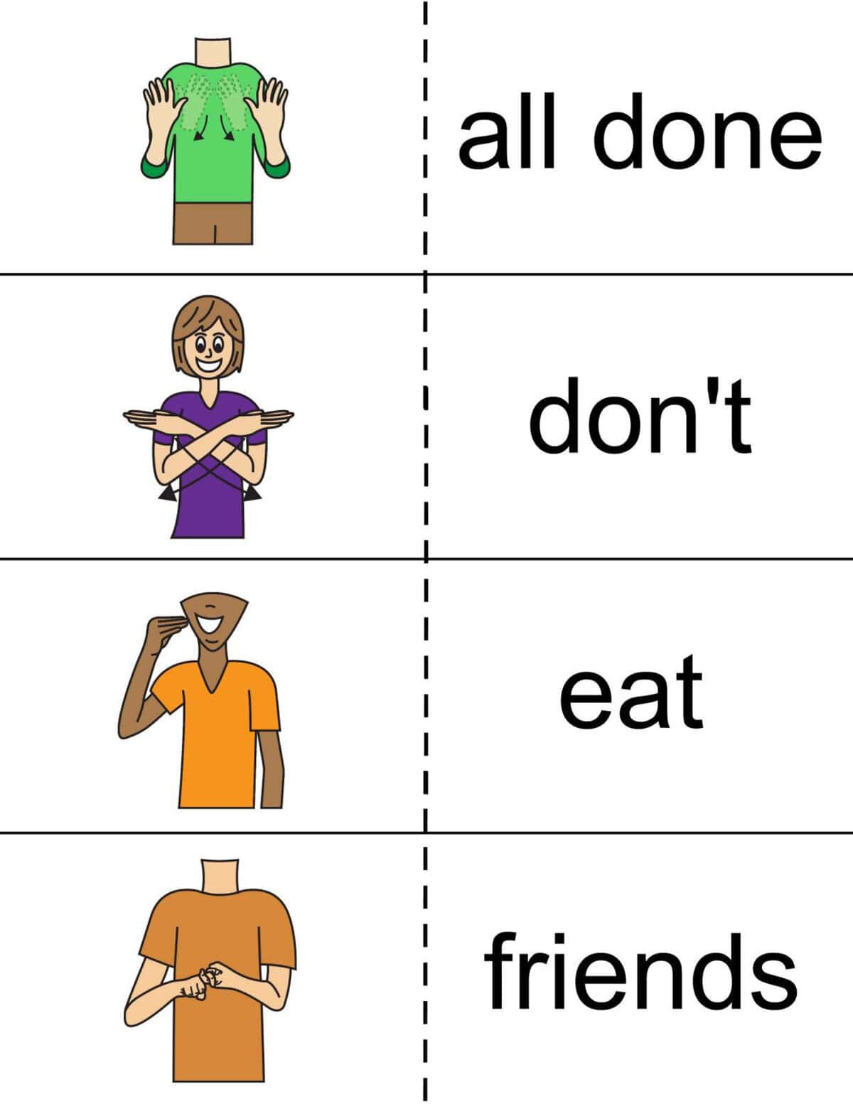 Four illustrated panels show sign language words for "all done," "don't," "eat," and "friends," with each word on the right side—perfect for creating your own free sign language words flashcards.