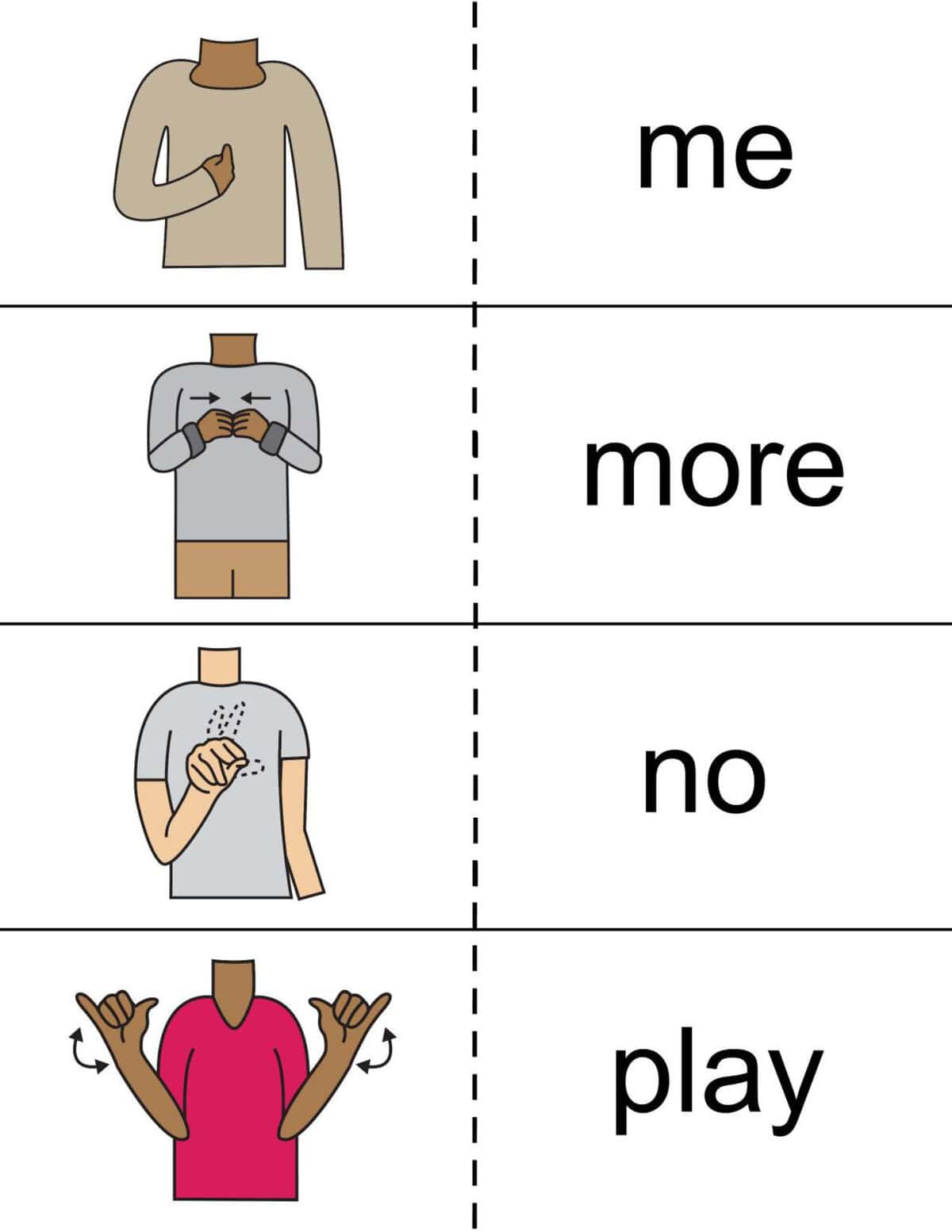 A chart of free sign language words flashcards displays illustrated hand signs for "me," "more," "no," and "play," each paired with clear text and hand gesture images.