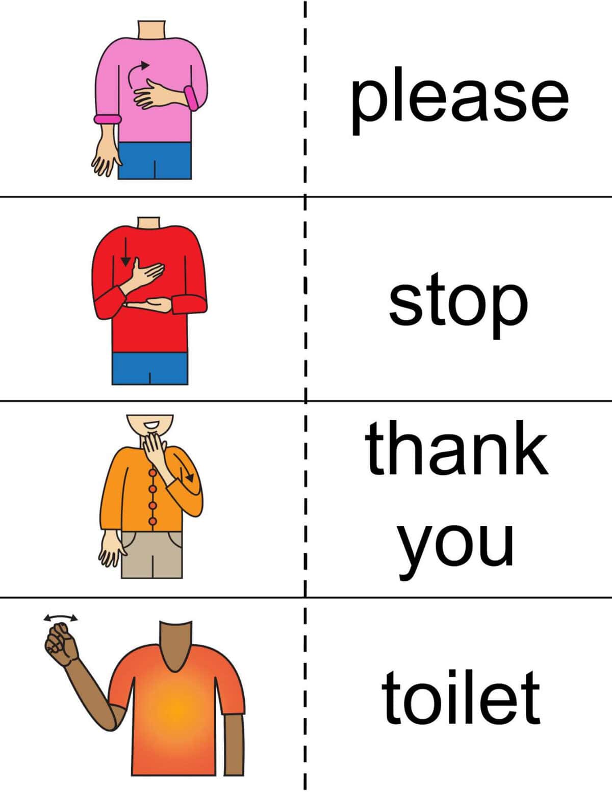 Four illustrated figures demonstrate the signs for "please," "stop," "thank you," and "toilet," with corresponding words next to each image—perfect for creating free sign language words flashcards.