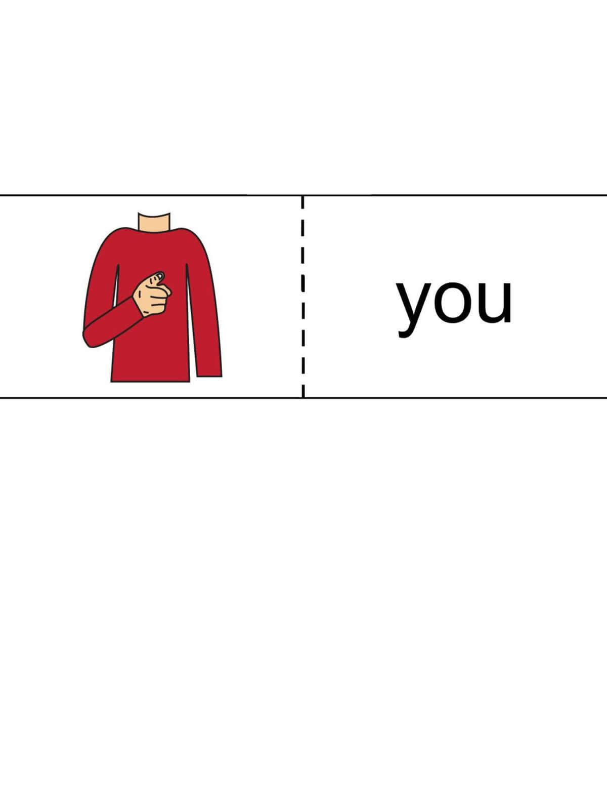 A drawing of a person in a red shirt pointing forward is next to the word "you" in black text, just like those found on free sign language words flashcards.