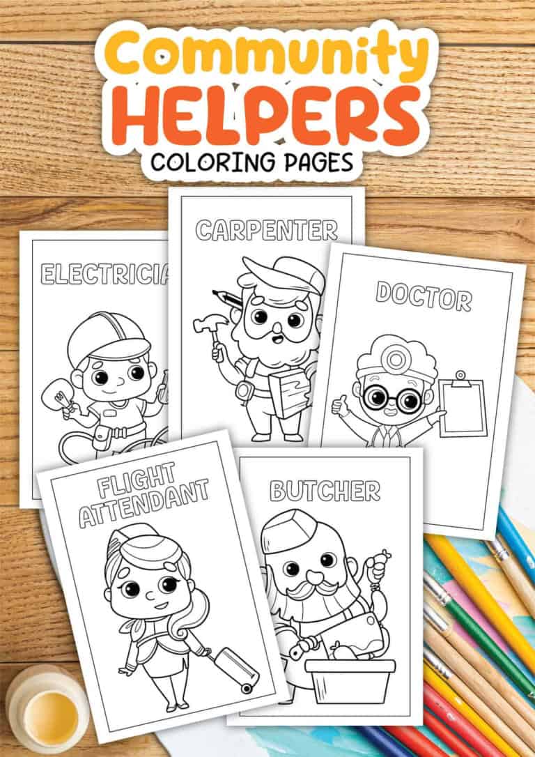 Printable community helpers coloring pages for children, including electrician, carpenter, doctor, &.