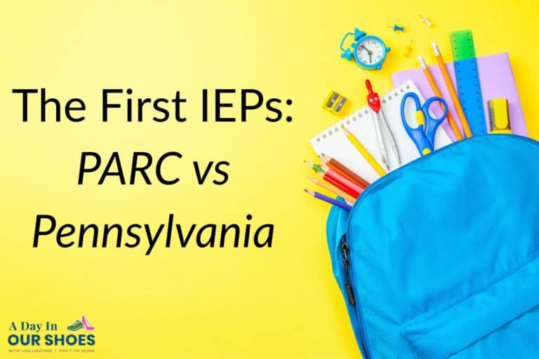 A blue backpack filled with school supplies sits on a yellow background. Text reads "the first ieps: parc vs pennsylvania and the most under utilized disabilities resource in pennsylvania.