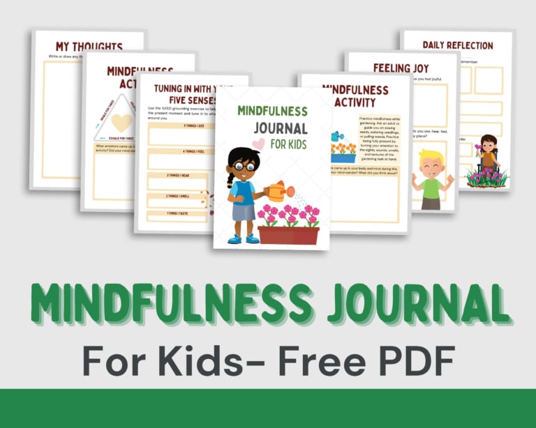 Free mindfulness journal for kids pdf cover showcasing delightful pages on thoughts, senses, and daily reflection, all adorned with charming illustrations of children.