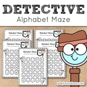 Detective-themed alphabet maze for preschool and kindergarten learners.