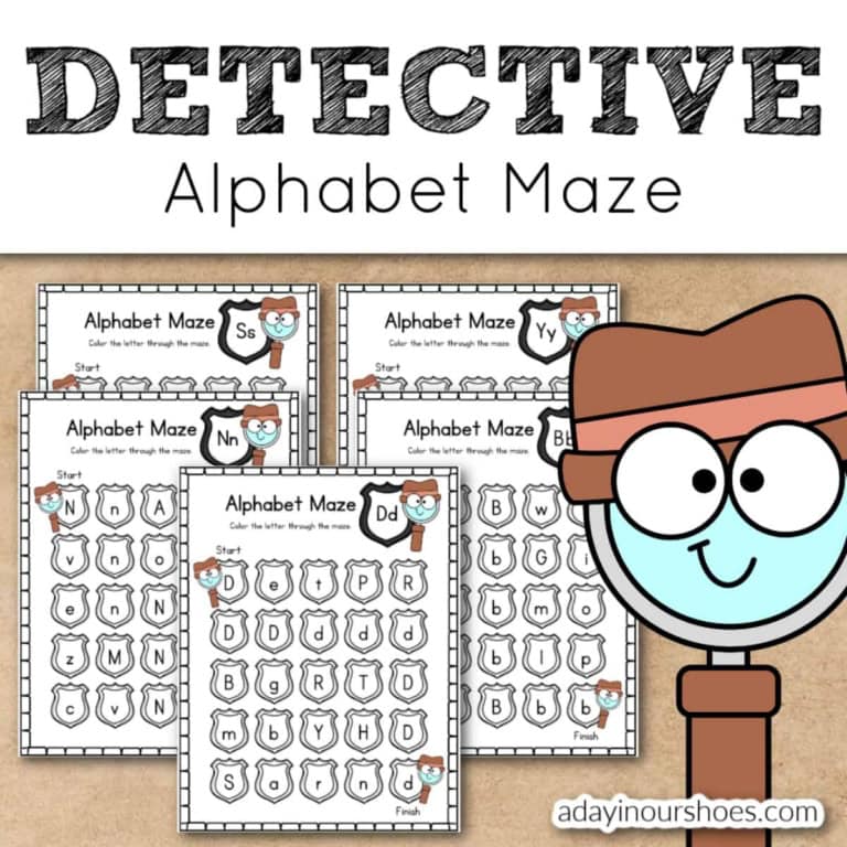 Detective-themed alphabet maze for preschool and kindergarten learners.