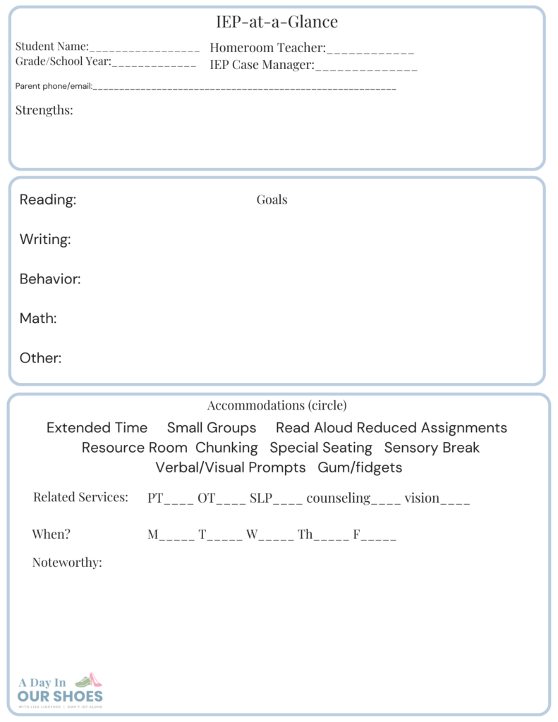 The one-sheet iep: a quick-glance tool for parents and teachers 2 The quick-glance tool is a one-sheet iep template with sections for student info, strengths, goals, and accommodations like extended time and sensory breaks. Designed for both parents and teachers, it includes space for related services and noteworthy details.
