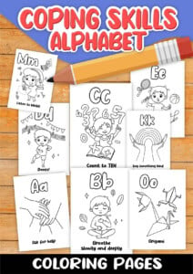 A-z coping skills coloring pages for kids featuring healthy coping strategies such as asking for help, deep breathing, counting to ten, and self-regulation skills.