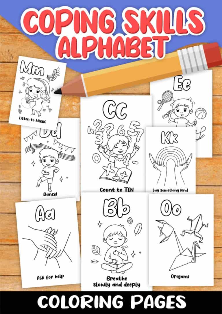 A-z coping skills coloring pages for kids featuring healthy coping strategies such as asking for help, deep breathing, counting to ten, and self-regulation skills.