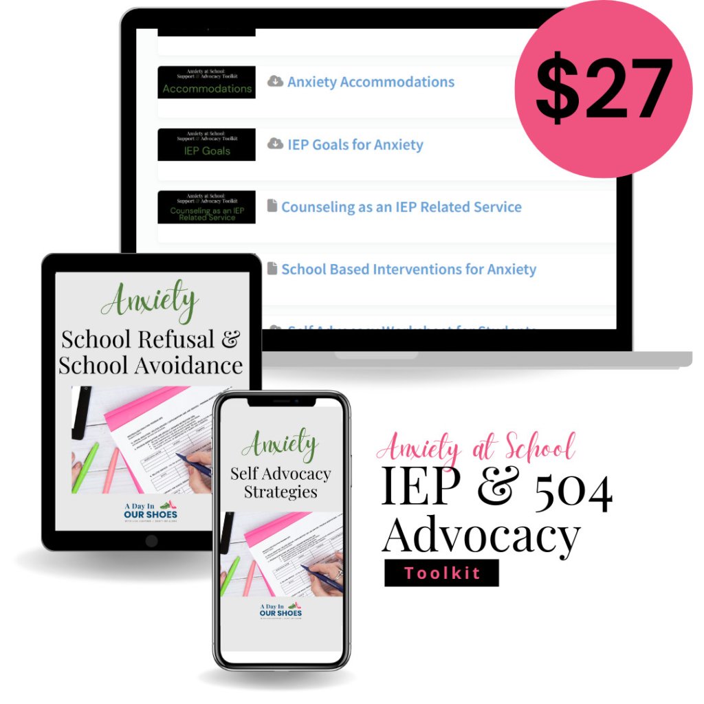 Digital devices showcasing the "anxiety at school: iep & 504 advocacy toolkit" for just $27, featuring essential resources on school-related anxiety accommodations and more.