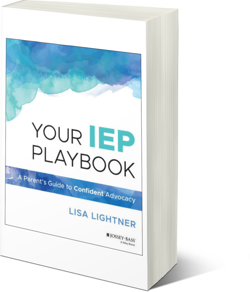 A 3d rendering of the book "your iep playbook: a parent’s guide to confident advocacy" by lisa lightner, featuring a blue watercolor top design that creates patterns.