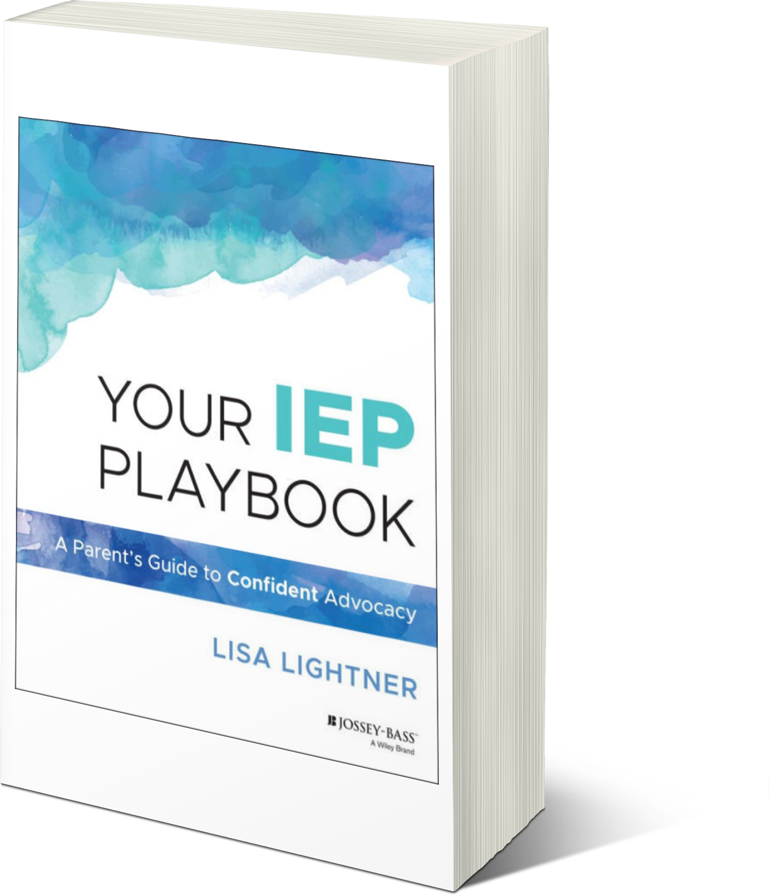 A 3d rendering of the book "your iep playbook: a parent’s guide to confident advocacy" by lisa lightner, featuring a blue watercolor top design that creates patterns.