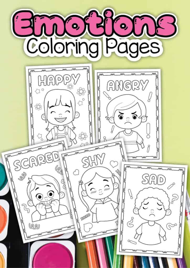 Child-friendly emotions coloring pages printable pdf featuring common feelings and facial expressions for social emotional learning activities.