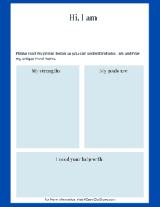 A fillable profile template designed as a quick-glance tool with sections for strengths, goals, and needed help. Tailored for parents and teachers, it includes a header that says "hi, i am," and a footer with a website link. Ideal as a one-sheet iep resource.