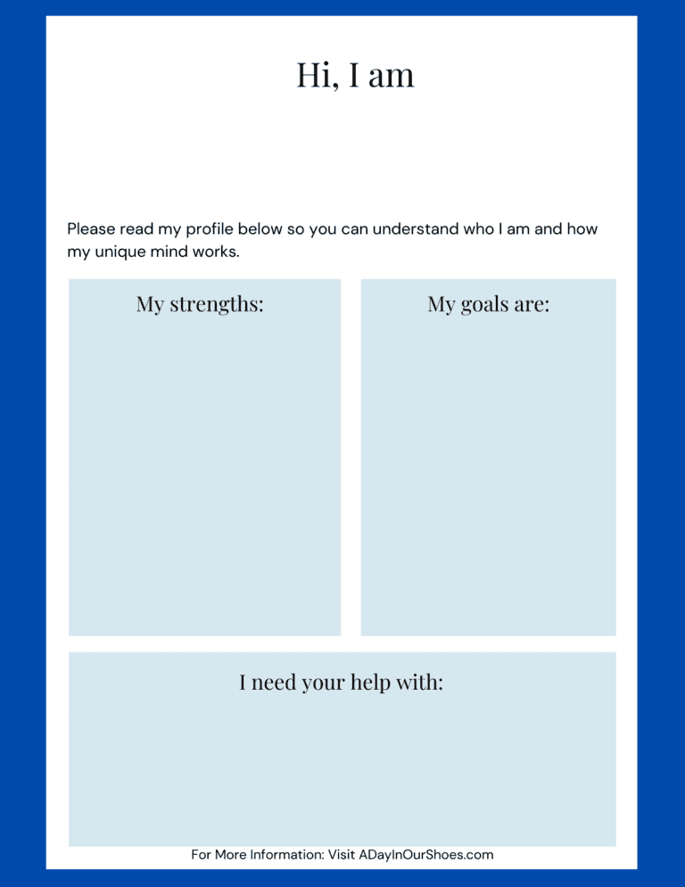 A fillable profile template designed as a quick-glance tool with sections for strengths, goals, and needed help. Tailored for parents and teachers, it includes a header that says "hi, i am," and a footer with a website link. Ideal as a one-sheet iep resource.