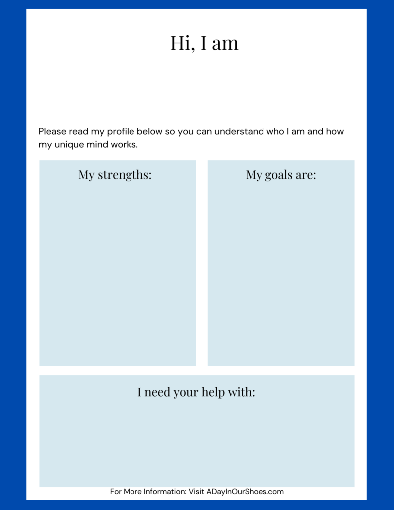 The one-sheet iep: a quick-glance tool for parents and teachers 1 A fillable profile template designed as a quick-glance tool with sections for strengths, goals, and needed help. Tailored for parents and teachers, it includes a header that says "hi, i am," and a footer with a website link. Ideal as a one-sheet iep resource.