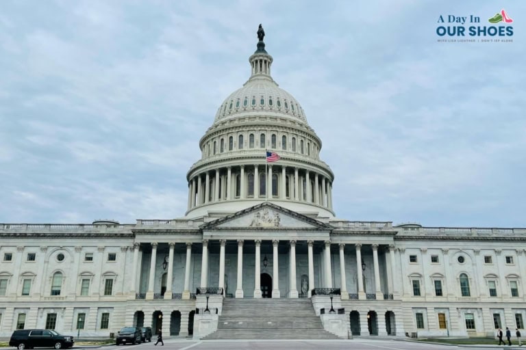 The u. S. Capitol building with an american flag flying, viewed from the front on a cloudy day; cars are parked nearby, symbolizing debates about whether to leave it up to the states on national issues.